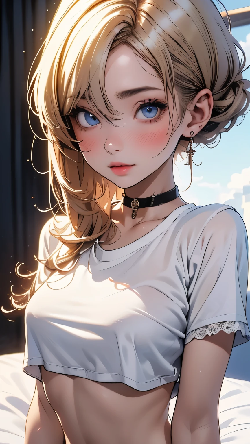 (best quality, 8k, 32k, masterpiece, UHD:1.2), highres, sharp focus, detailed outfit, absurdres, key visual,++++, beautiful detailed hair, delicate details, *****, (((closeup, portrait, RAW, pixiv)))
short hair, looking at viewer, indoors, blush, blue eyes, medium breasts, choker, half closed eyes, hair between eyes, torogoa, crop top overhang, hairclip, short sleeves, shirt, no bra, underboob, stretching, navel, wet, white shirt, on bed, anime