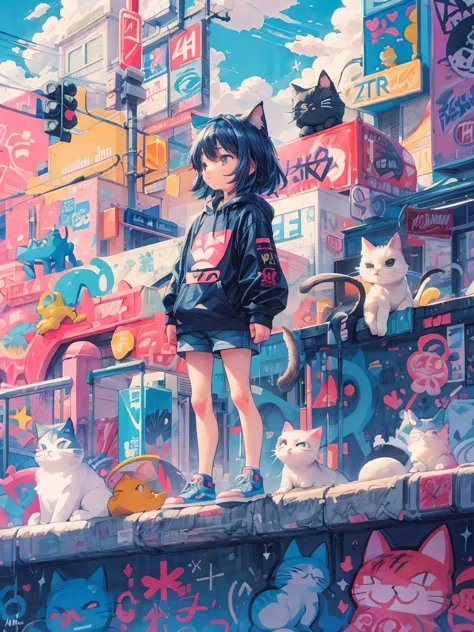 There is a cute  with a cat standing on a quiet city road, full of cute graffiti art, thick line art by Mr. Graffiti and Keith H...