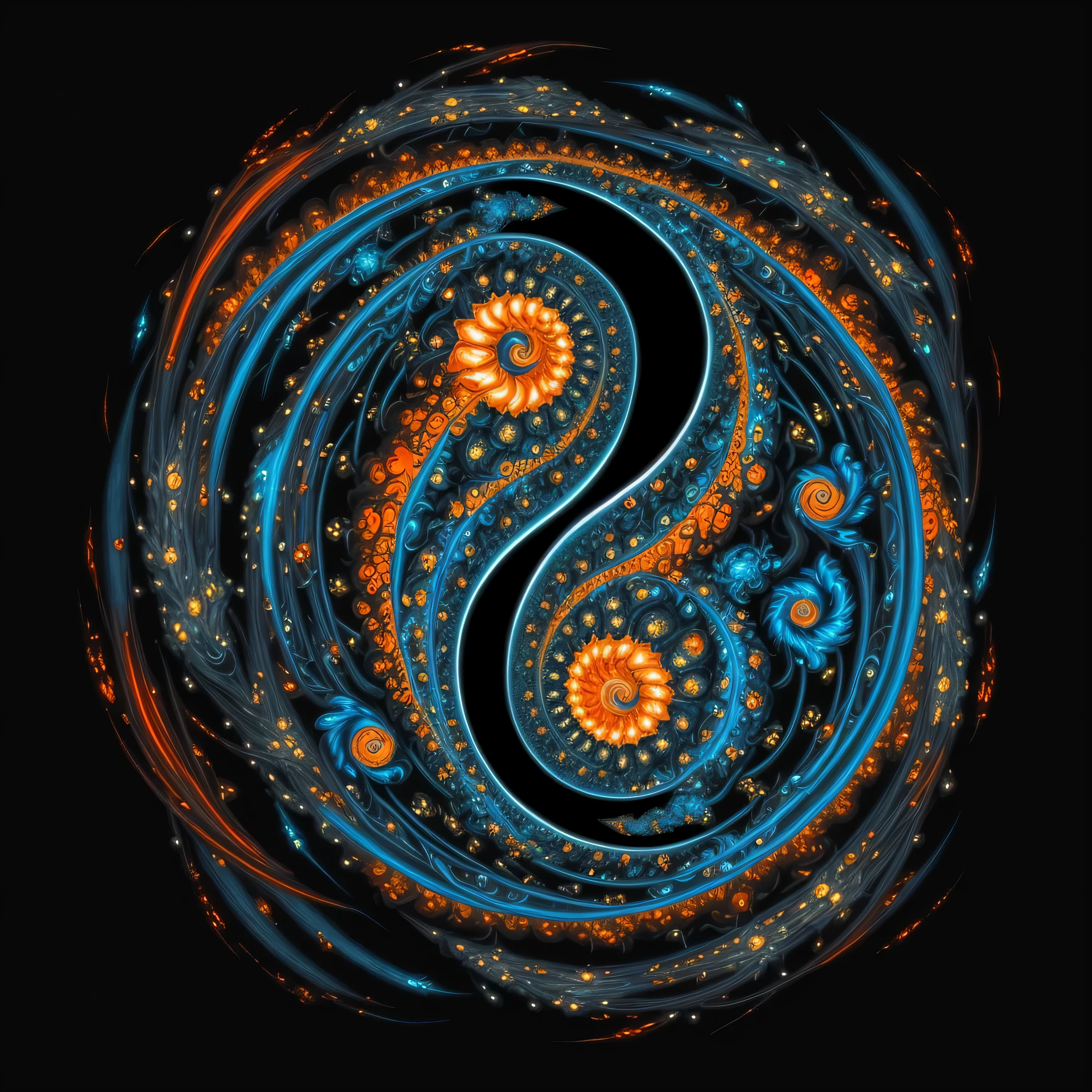  ying and yang, orange fire/blue ice duality!, yin yang, spiritual abstract forms, yinyang shaped, sacred fractal structures, fibonacci fractals, fractal elements, psytrance artwork, fractals swirling outward, cellular structure abstract style, 
