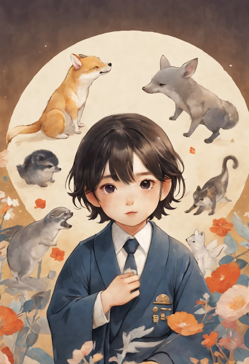 masterpiece, 1 boy, there are many different animals and words written in chinese, hand painted cartoon art style, art cover, kawaii cutest sticker ever, sticker illustration, by Shiba Kōkan, by Kōno Michisei, cute features, 中 元 节, by Gusukuma Seihō, stickers illustrations, cute characters, scifi