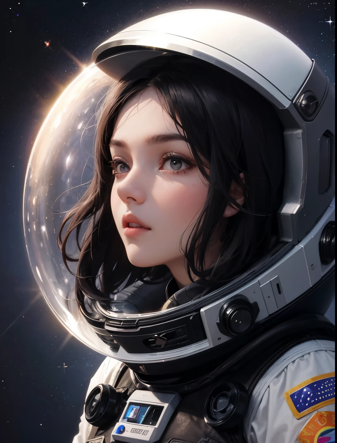 A beautiful woman. Twenty years old. Dark brown hair. A simple space suit. No visor. An image of a multidimensional universe in her background.