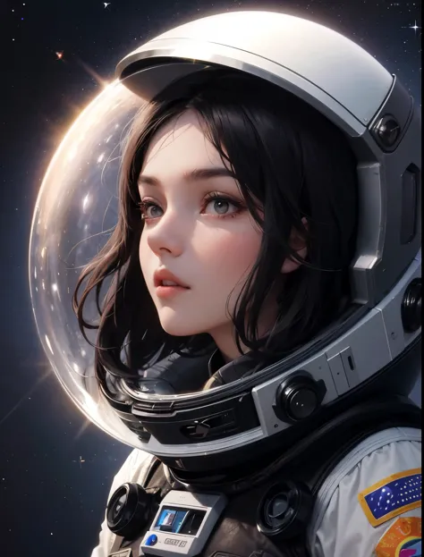 a beautiful woman. twenty years old. dark brown hair. a simple space suit. no visor. an image of a multidimensional universe in ...