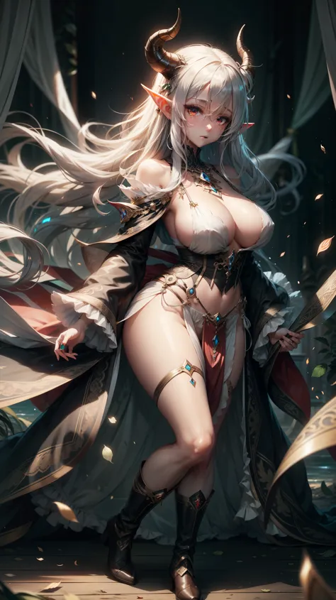 elf ears ,full body elf girl,mature , full shot masterpiece, best quality, horns, blushed face , freckles, long hair, white hair,red eyes glowing eyes,big tits, boots,short dress
