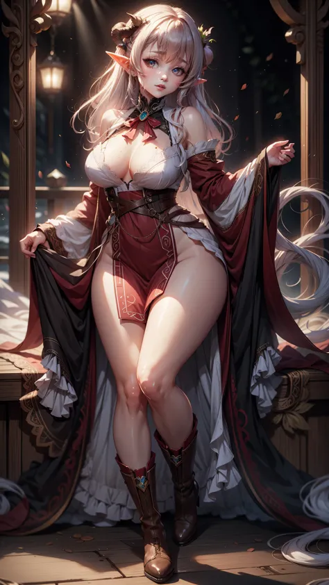 elf ears ,full body elf girl,mature , full shot masterpiece, best quality, horns, blushed face , freckles, long hair, white hair,blueeyes glowing eyes,big tits, boots,short dress
