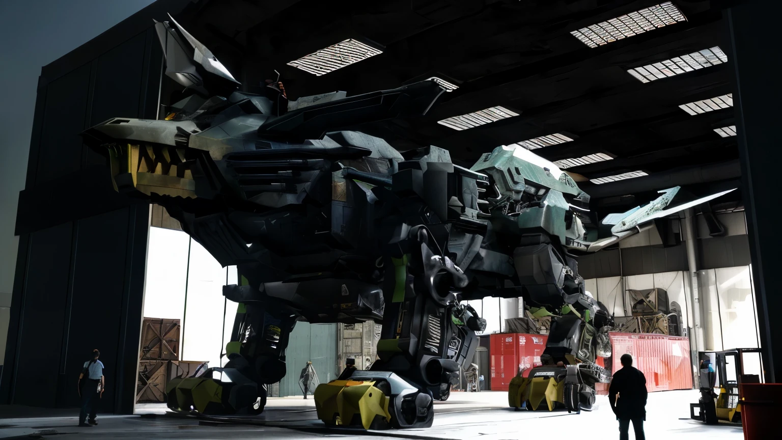 there is a giant robot that is in a hangar building with people, (Zoids), Photo realistic, photo real, hyperrealistic, hyper real, giant mech, good boy giant mecha cat, (well armored mech lion with the cockpit open), big mecha, giant anime mecha, engineers building a giant mecha, mech, an anime large mecha robot, mecha animal, mecha lion, giant mecha robot, giant quadrupedal military robot