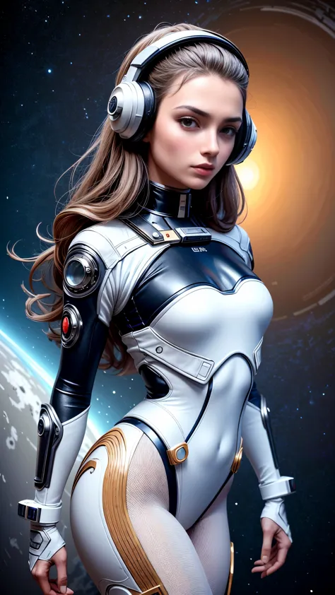 astronauta, chica futurista，casco astronauta，casco puesto，fondo planeta desertico，model shoot style, (extremely detailed cg unit...