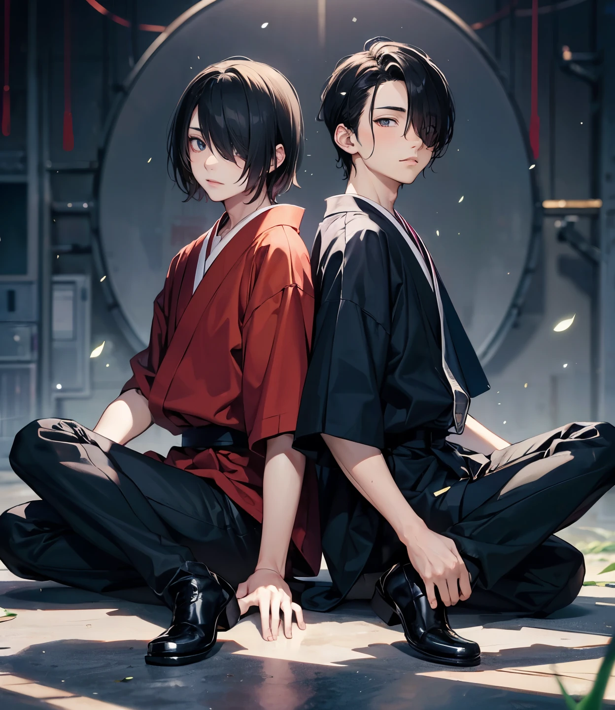 Two anime characters sitting on the ground with their hands together -  SeaArt AI