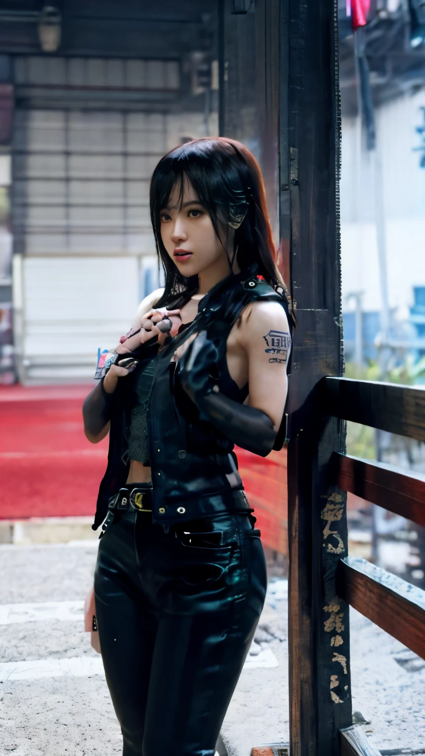 highest quality，masterpiece，Super detailed，8K, UHD，Beautiful woman，japanese woman，Expressionless，(Topless)，whole body，((tattoo))，slim，Black leather pants，black leather vest，(female mafia)，gangster，(cyberpunk city)，night，cinematic lightening，movie poster，underworld