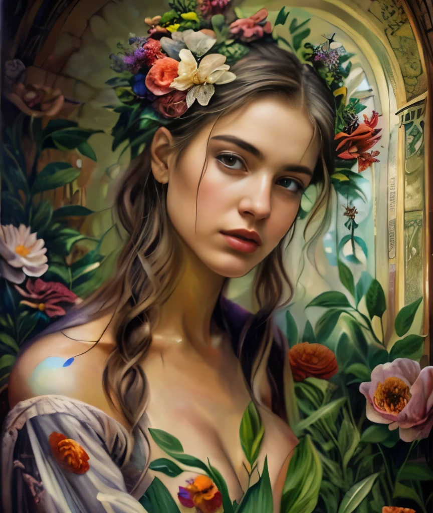 obra maestra, retrato de la parte superior del cuerpo, chica, tatuajes, flores, Edad media, ropa tradicional, Clasicismo, estilo andréi atroshenko, cuadro, medios de comunicación tradicionales, Realista, figurativo, arte fino, óleo sobre lienzo, hdr, 8K, Personaje original, Alta resolución, Alto detalle, Centrarse en la cara, Intrincado, impecable, chica and flores are merging