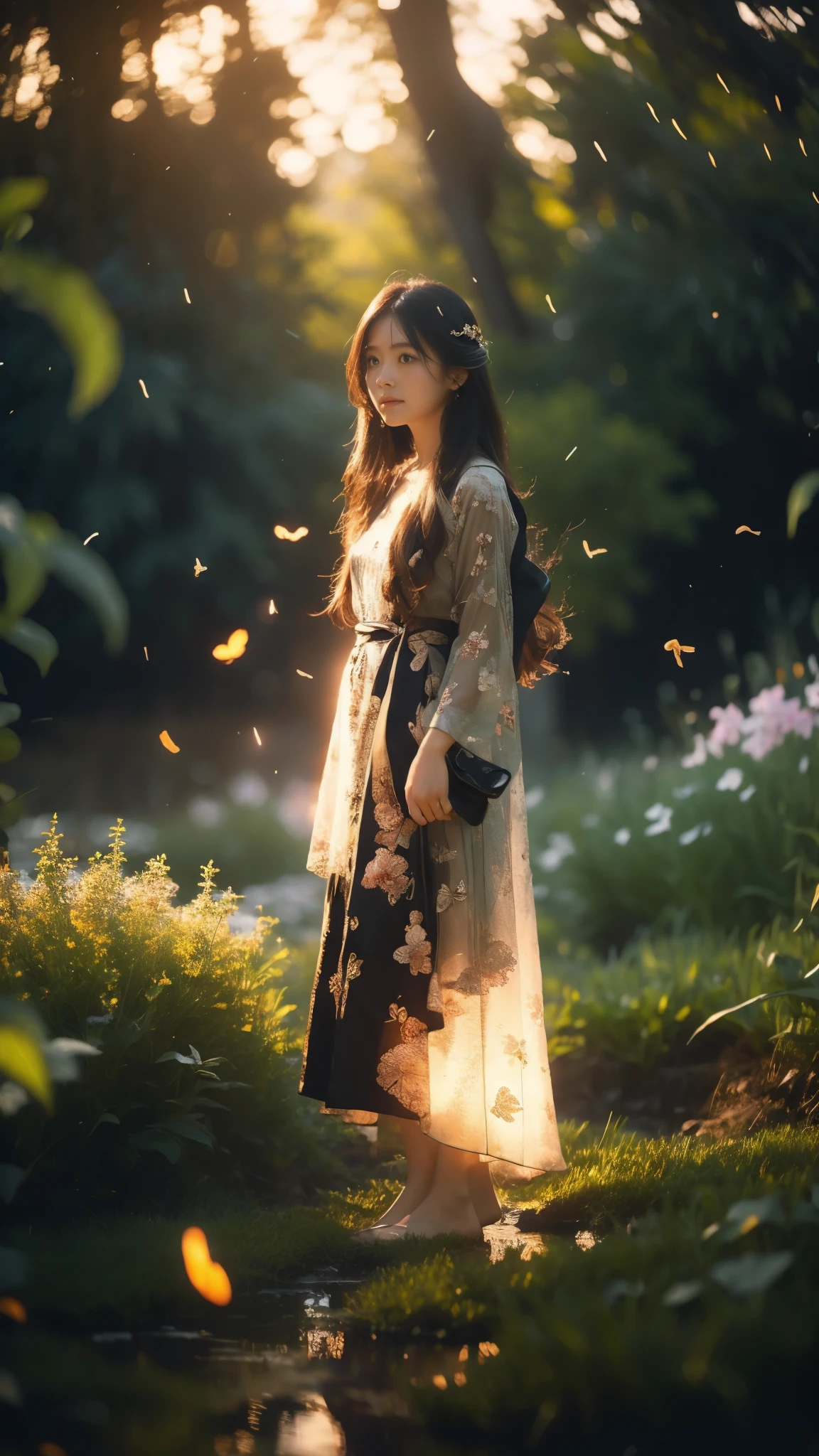 
Subject: Portrait of a young Japanese girl with long, flowing hair, standing in a field of glowing flowers.

Lighting:

Time of day: Early morning, just before sunrise.

Light source: Soft, natural light from the side, with rays filtering through the trees and casting long shadows.

Glowing elements:

Butterfly wings and bodies

Fireflies scattered throughout the field

A few falling leaves with a soft, glowing light

Kimi no Nawa-inspired meteor streaks across the sky

Girl's face has a subtle, natural oil sheen reflecting the light

Background:

Landscape: Lush, green field filled with vibrant, glowing flowers.

Depth of field: 90% blur, emphasizing the girl as the main focus.

Bokeh effect: Creates a dreamy, ethereal atmosphere.

Additional details:

Girl's attire: Long, flowing dress in a color that complements the landscape and glowing elements.

Hair: Realistic, flowing, and detailed, with a touch of fantastical flair.

Expression: Peaceful and serene, with a hint of wonder.

Overall style: Anime-inspired, but realistic in terms of lighting, skin texture, and hair.

Image resolution: 8K for high quality and detail.

Additional notes:

I've removed the macro shot and deep focus elements as they might conflict with the intended 8K resolution and landscape focus.

I've consolidated the "lots" of elements to maintain clarity and avoid information overload.

I've replaced "realistic concept, object, girl (girl walking a long masterpiece) (long object)" with a more concise and descriptive phrase.

