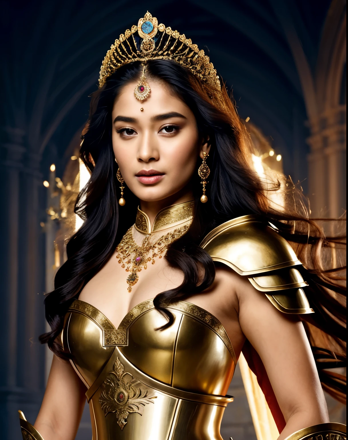 Looks like Amrita Rao, "Design an illustration of a stunning and powerful warrior queen with a regal presence. She should possess a combination of strength and grace. Imagine her in ornate, yet practical armor that complements her figure. The armor should be adorned with intricate details and symbols representing her royal lineage and warrior prowess. Her weapon of choice could be a unique and elegant sword or a mythical weapon that reflects her status as a formidable leader.

Her facial features should exude confidence and determination, with piercing eyes that convey both fierceness and wisdom. The queen's hair, whether long or short, should flow dynamically, hinting at her movement in battle. Consider incorporating elements that emphasize her connection to nature or a mythical realm, such as ethereal backgrounds, symbolic animals, or mystical symbols.

Pay attention to the color palette; use rich, bold colors that enhance her royal aura. Experiment with lighting to highlight specific details and create a sense of drama. Ensure that her posture and expression capture the essence of a queen who commands respect and admiration. Feel free to draw inspiration from historical warrior queens or fictional characters, blending elements to create a unique and captivating image."