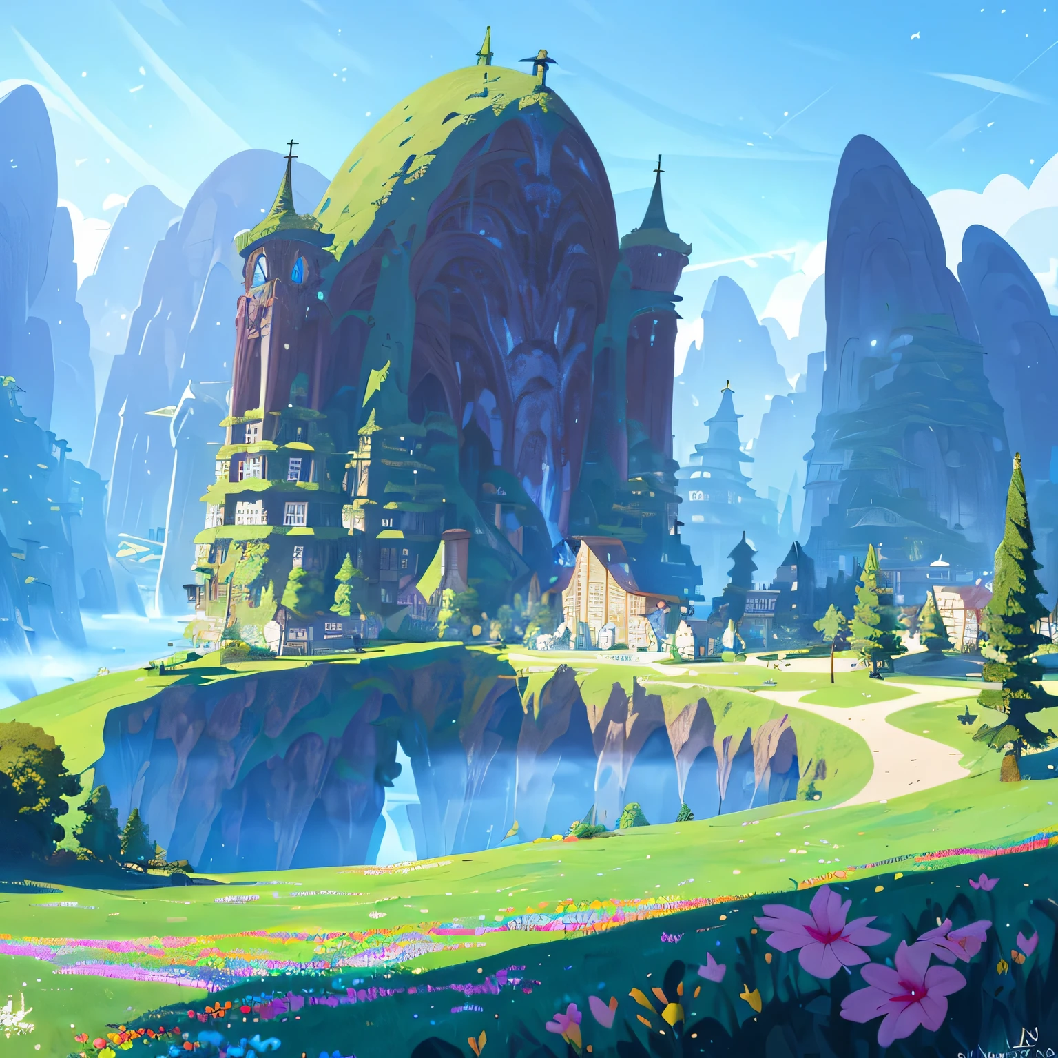 award winning photo, ((masterpiece,best quality)), absurdres, Vivid_Setting, no humans, scenery, cinematic composition, landspace drawing, environment, background illustration, fantasy, futuristic castle in a traditional era, flower, grass, outdoor, architecture, blue sky,,