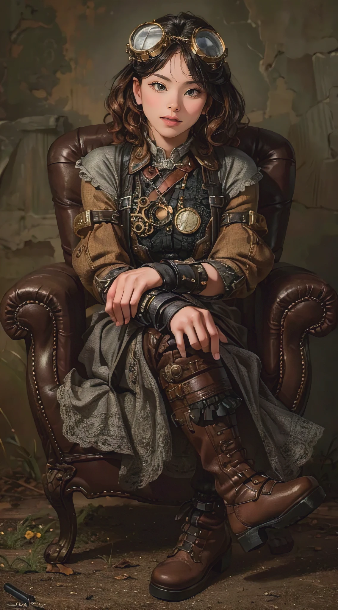 (best quality,4k,8k,highres,masterpiece:1.2),ultra-detailed,(realistic,photorealistic,photo-realistic:1.37),portrait photography,steampunk style,vintage chair,young woman,detailed facial features,curly hair,vivid colors,dramatic lighting,antique setting,lace gloves,rustic background,retro fashion