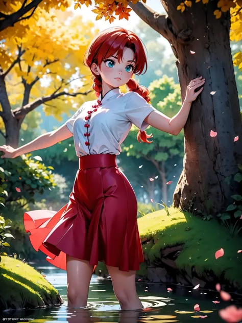 imagine ranma-chan em um momento de calma em meio a um campo de cerejeiras em flor. she is in her female form, with her long flo...