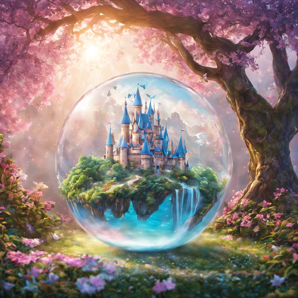 Highly detailed illustration of a hidden world inside planet earth made of crystal, continents on surface, atmosphere, galaxies in the background, holographic shimmer, whimsical lighting, enchanted ambiance, soft textures, imaginative artwork, ethereal glow, silent Luminescence, whispering Silent, iridescent Encounter, vibrant background, by Skyrn99, rule of thirds, high quality, high detail, high resolution, bokeh, backlight, long exposure