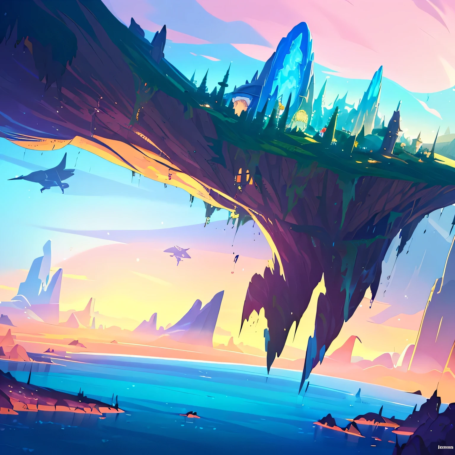 award winning photo, ((masterpiece,best quality)), absurdres, Vivid_Setting, no humans, scenery, cinematic composition, landspace drawing, environment, background illustration, fantasy, colorful Anime game world, MMORPG, world to explore, splash-art, over-view of world, horizon