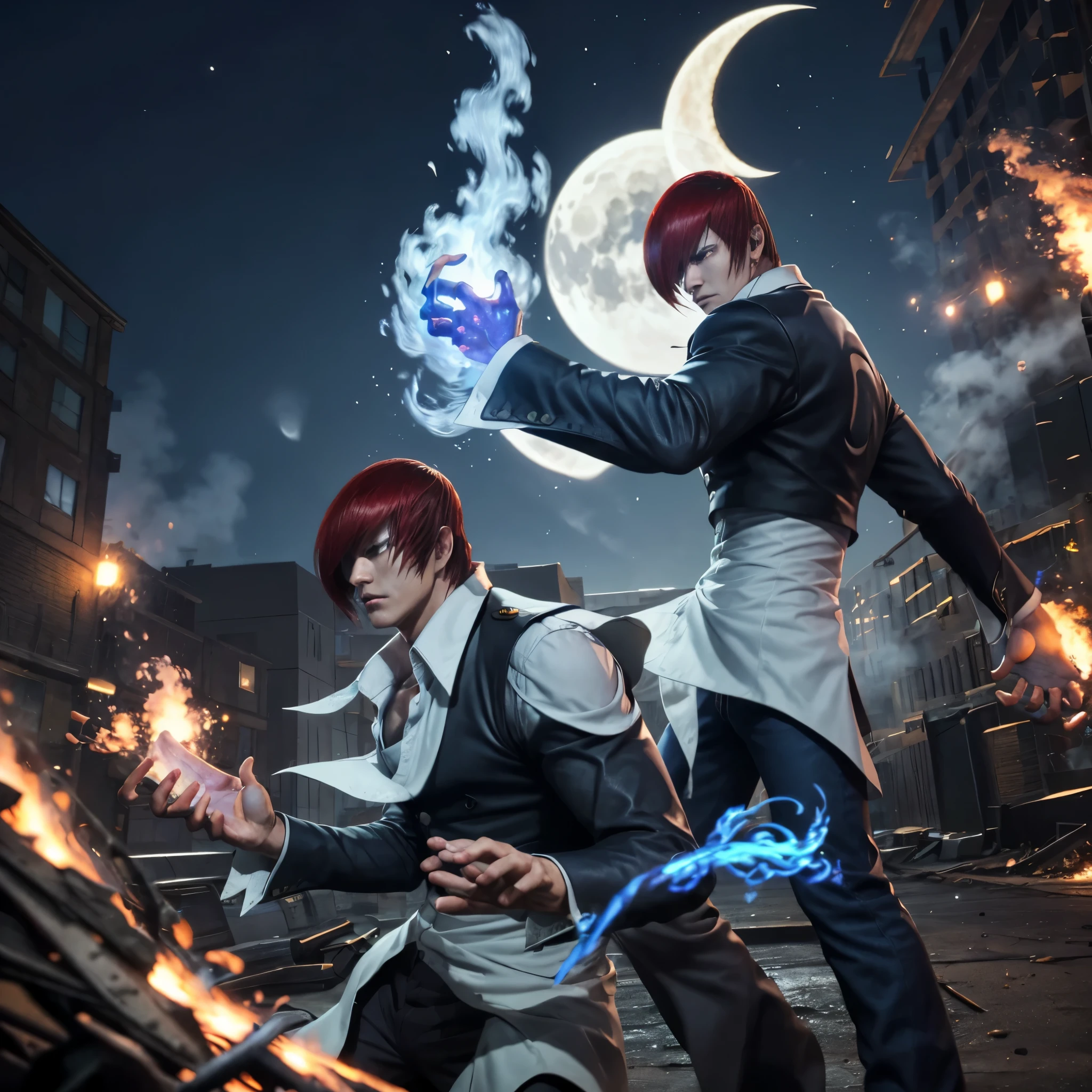 Maximum quality 8k image, 30-year-old man, character from The King of Fighters, Iori Yagami, fighting pose, his hands contain blue fire, perfect hands, perfect fingers, his face expresses seriousness, his gaze is well defined, behind the character must contain too much blue fire surrounding the character, in the background a crescent moon, full body, character alone