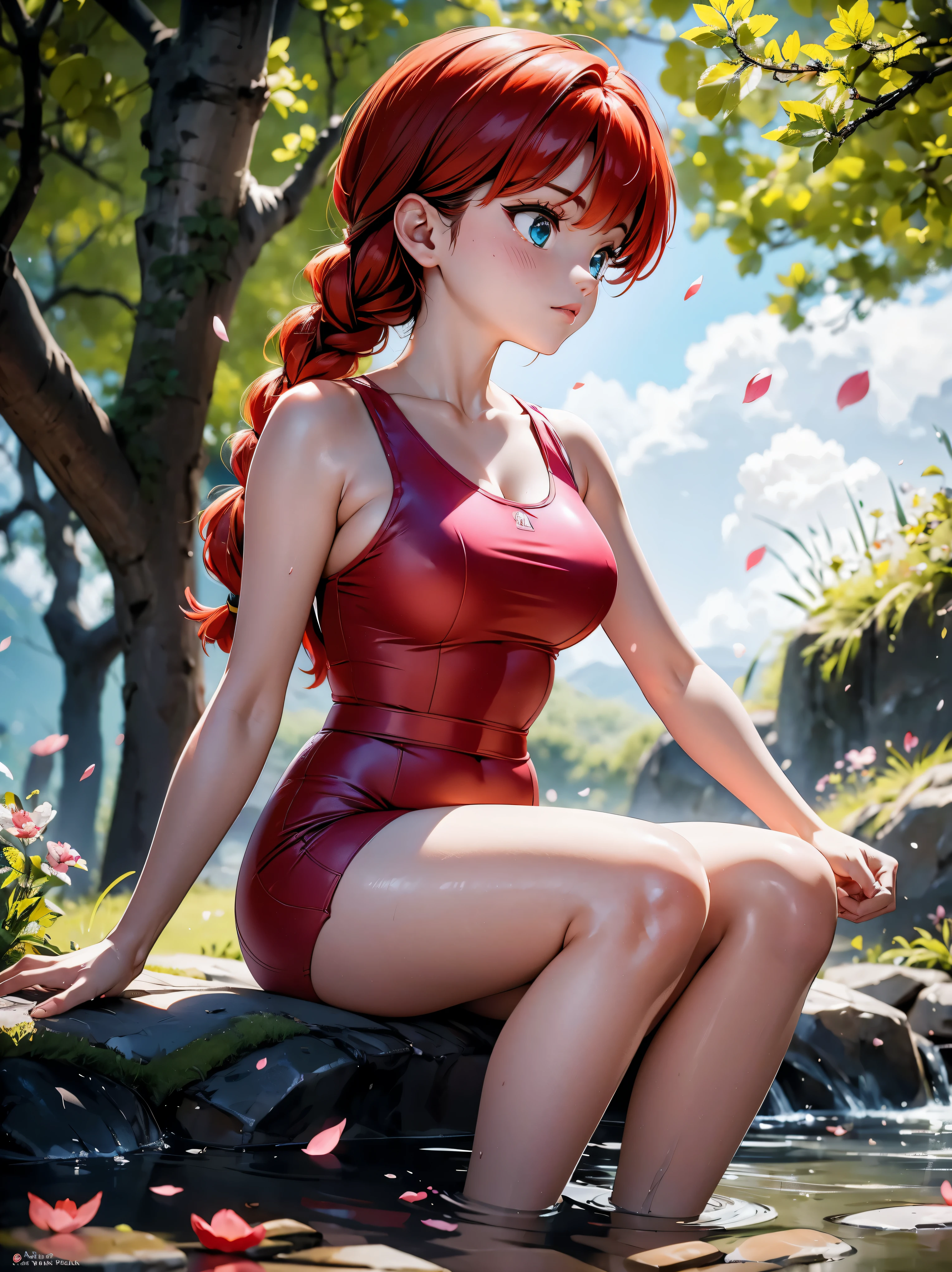 Imagina a Ranma-chan en un momento de calma en medio de un campo de cerezos en flor.. ella esta en su forma femenina, con su largo cabello rojo atrapando la suave brisa. Sus ojos expresan una mezcla de determinación y serenidad mientras se prepara para una sesión de entrenamiento de artes marciales..... Los pétalos de cereza bailan a tu alrededor, creando un suave, entorno etéreo. Tu postura es segura, pero relajado, reflejando su habilidad como luchadora. Los colores son vibrantes y ricos., con suaves tonos de rosa y verde para el paisaje, resaltando la belleza natural del entorno. La luz del sol filtrada a través de las hojas de los árboles añade una sensación de calidez y tranquilidad a la escena... Asegúrate de capturar los detalles sutiles del rostro de Ranma-chan., destacando sus características únicas, manteniendo una sensación de realismo y profundidad.. Esta obra de arte debe evocar una sensación de calma y poder., mostrando a Ranma-chan en su elemento mientras se conecta con la naturaleza y su propia fuerza interior, usando lindas sandalias en tus pies, lluvia y brisa refrescante