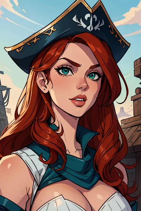 masterpiece, best quality, beautiful, portrait, close up face, miss fortune, pirate, redhead, green eyes
