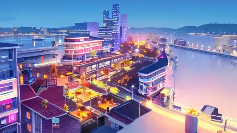 modern city. Colorful houses，Low building， wallpaper, 4k highly detailed digital art, amazing wallpapers, Overlooking the game CG two-dimensional style anime style game layout