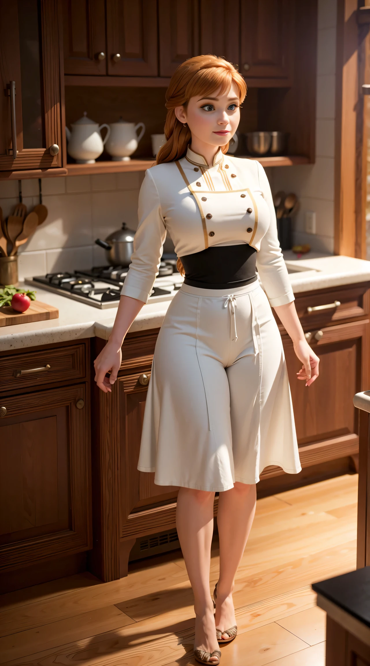 Photo of Anna of Arendelle, happy,  cameltoe, huge breasts, bursting huge breasts, wide hips, busty, tall, kitchen clothes, kitchen shorts, chef clothes, white clothes