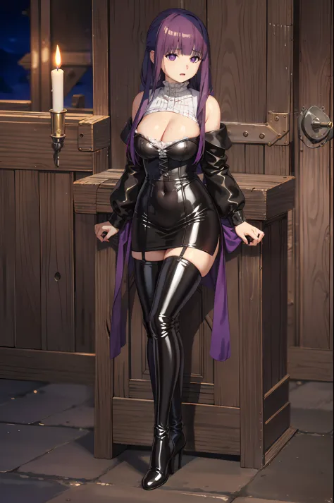 (highest quality, masterpiece),sexy, erotic, 1 girl, 18-year-old, despise, Pride, purple long hair, ((purple eyes)), looking at the viewer, medieval tabernacle, (close), ((dark room)), Sweat, the candle is lit, ((cleavage)), Mr.々Inside a torture chamber wi...