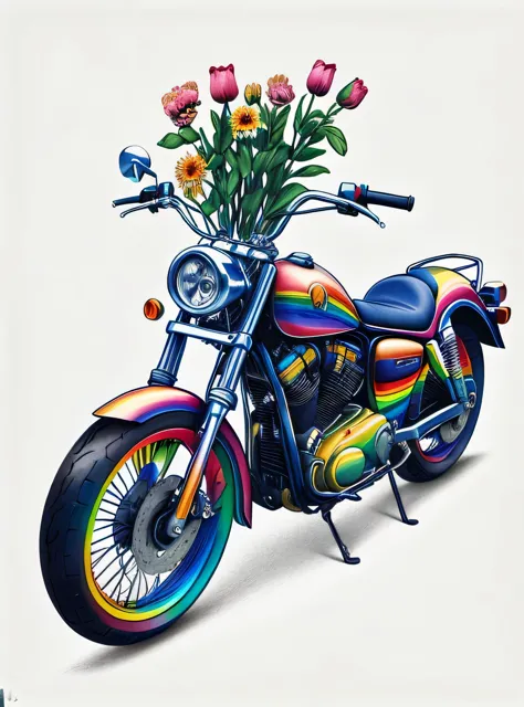 Motocicleta e flores RainbowPencilRockAI
