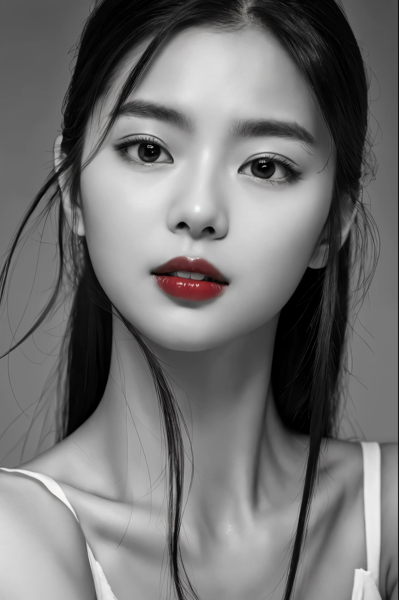 Masterpiece, Best Quality, Photorealsitic, Ultra-detailed, finely detail, high resolution, 8k wallpaper, Professional, high level of detail, ((monochrome photo)), 1girl in, ((Facing the front)), ((Only lips are in Red)), Detailed clavicle, face perfect, straight haired, (look straight at a camera)