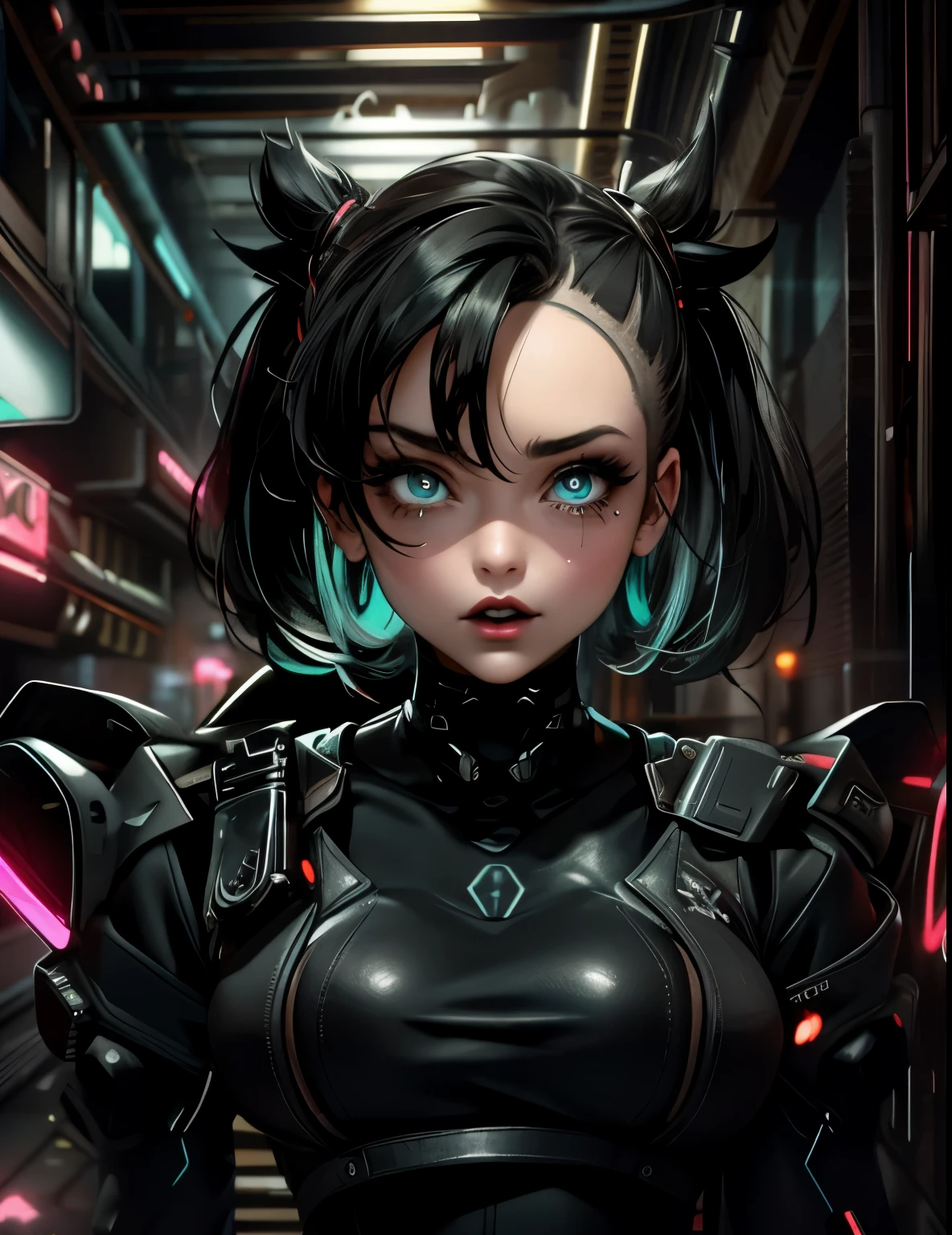 ((masterpiece, best quality)) 1 girl, Marnie, (pokemon), Big drunk eyes, aqua eyes, 1 Mole under the left eye, dark lips, open mouth, black hair, Much hair, Volumized hair, bangs, black lips, upper body , portrait, breast focus, nude breasts, leather waistcoat open, cyberpunk city, cyberpunk car background, Depth of field, dark techno aesthetic, industrial goth aesthetic.