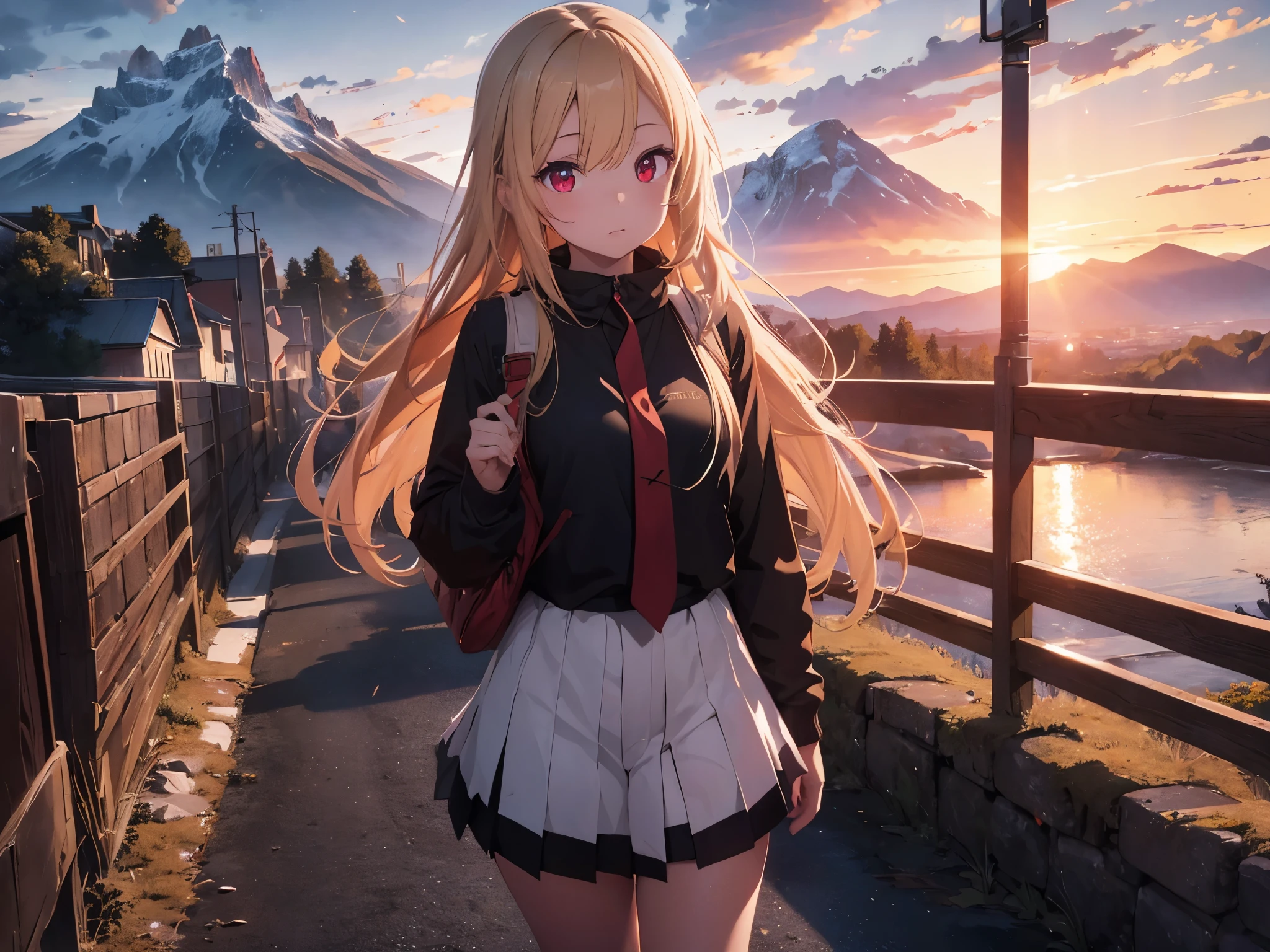 One girl, long blonde hair, red eyes, mountain, sunset, walking, cloudy, 8k, masterpiece:1.2, ultrasharp, vivid colors, HDR, studio lighting, ultra-fine painting, physically-based rendering, extreme detail description.