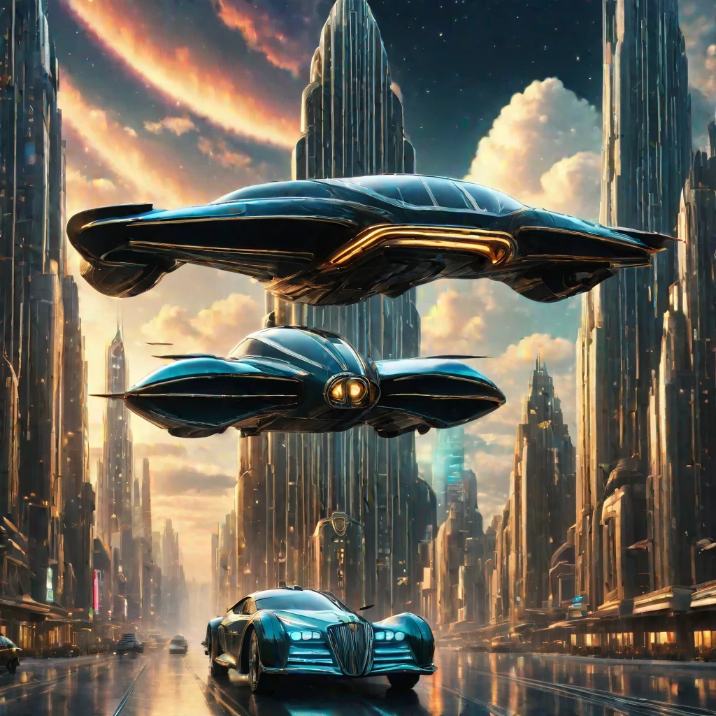 art deco style flying car, art deco style science fiction, art deco style future skyscrapers (best quality,4k,8k,highres,masterpiece:1.2),ultra-detailed,(realistic,photorealistic,photo-realistic:1.37)