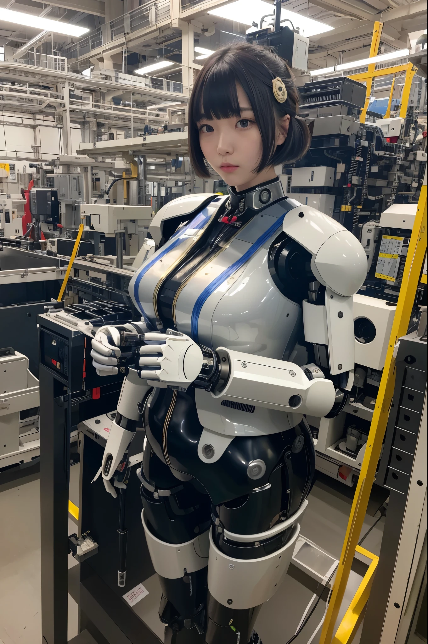 masterpiece, highest quality, very detailed, Japaese アンdroid girl,Plump , Control panel,アンdroid,droid,mechanical hand, robot arms and legs,dull bangs,long tube,A thick cable was connected to her neck.,（robot assembly factory:1.4）,she gathered now,（assembly scene:1.5）,blue eyes