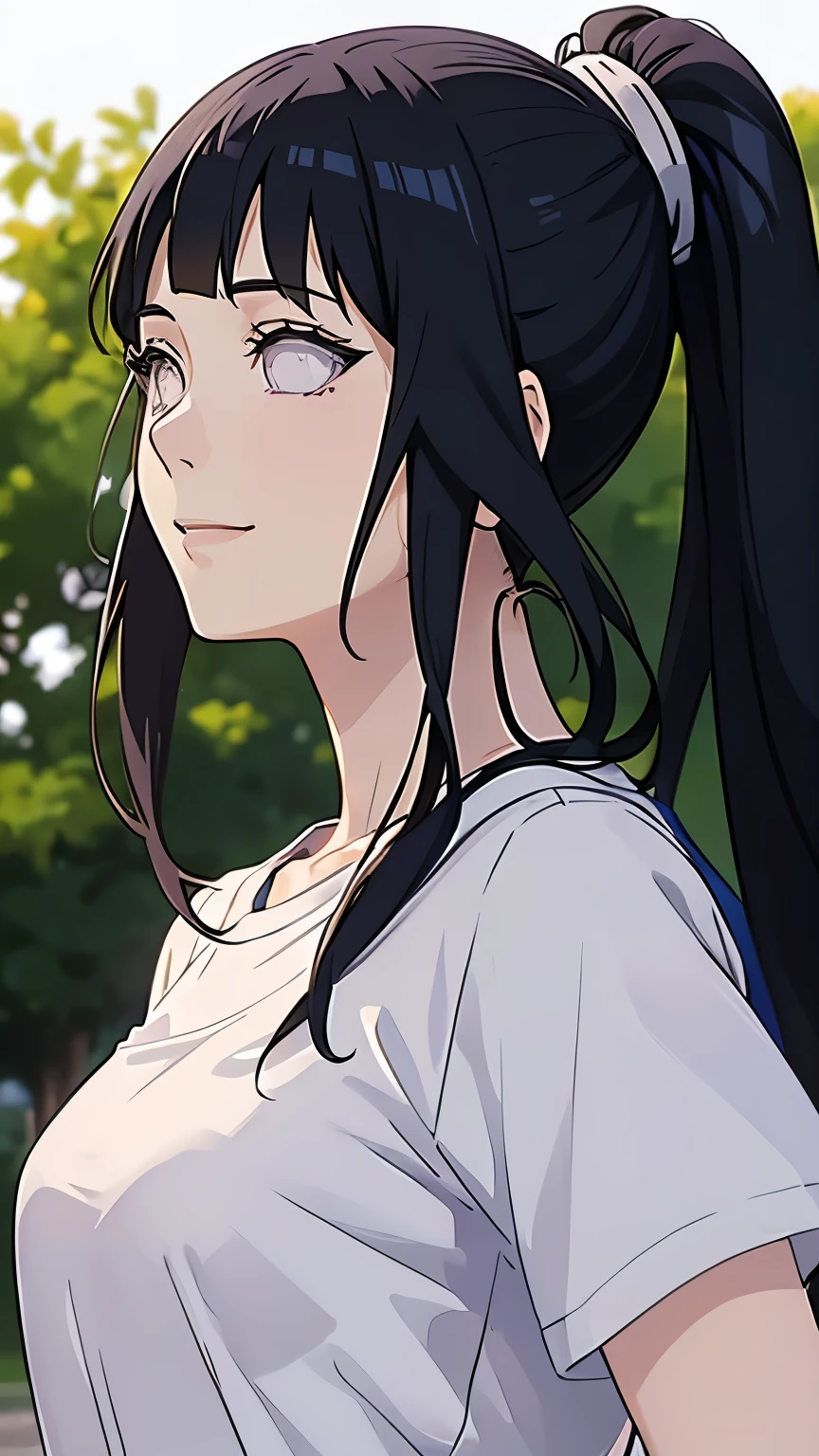 Anime girl with ponytail in white shirt and blue bag looking away - SeaArt  AI