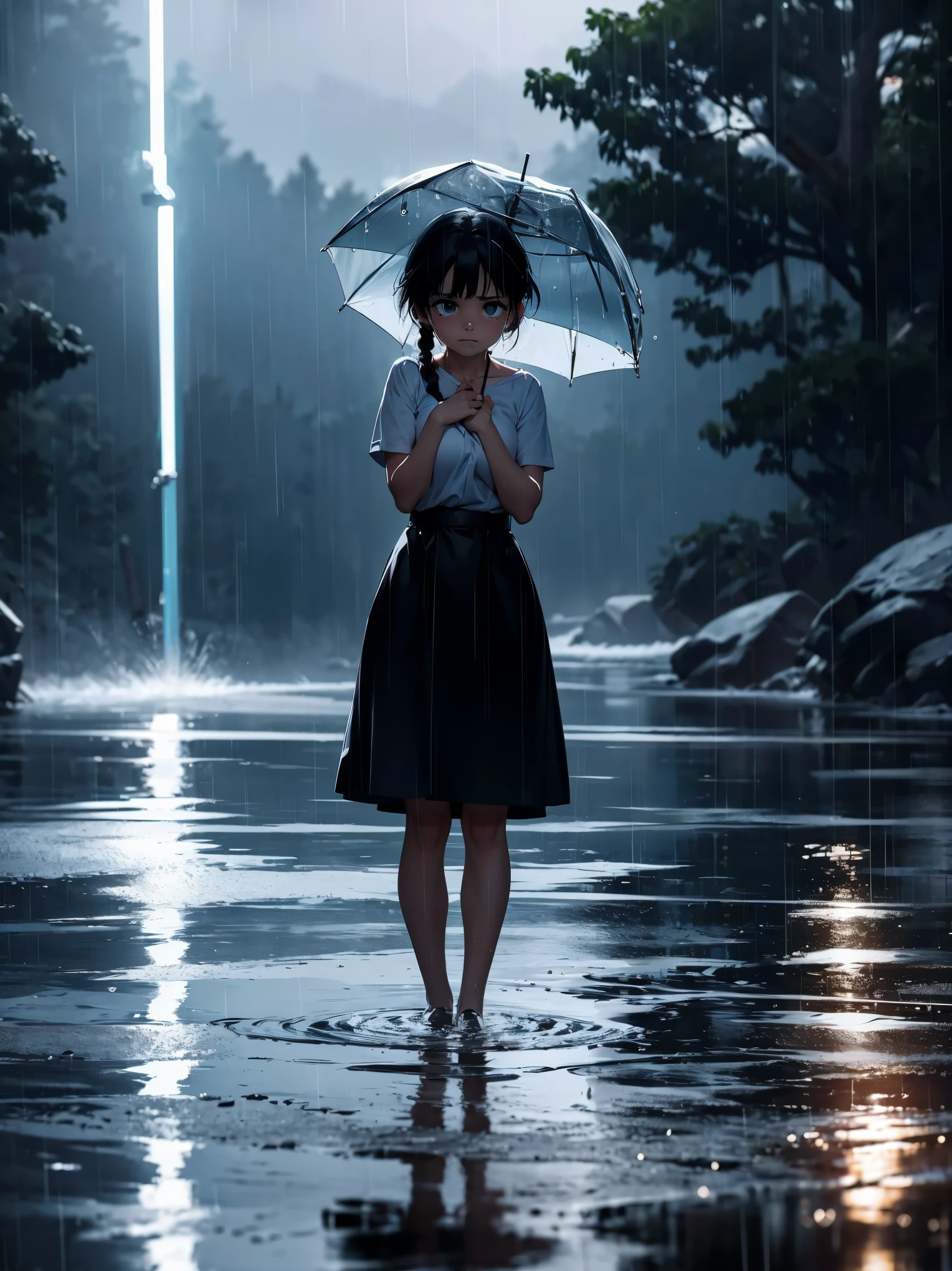 Ranma Chan, la jeune fille, aux cheveux roux trempés par la pluie, reste immobile sous le ciel sombre et lourd. Les gouttes froides se mélangent aux larmes qui coulent sur tes joues, chacun reflétant la tristesse qui pèse sur ton cœur. Elle rétrécit, se serrer dans ses bras pour tenter de se réchauffer du froid physique et émotionnel.

La pluie ressemble à une extension de ta propre angoisse, tomber sans cesse, comme si le ciel partageait ta tristesse. Chaque goutte qui touche le sol fait écho à ta solitude, pendant qu&#39;elle reste là, Perdu dans tes pensées sombres.

Le bruit des gouttes frappant l&#39;asphalte est la seule musique à ses oreilles alors qu&#39;elle se laisse succomber à la douleur qui la consume... Tes yeux, normalement lumineux et plein de vie, maintenant ils sont ennuyeux et pleins de tristesse, reflétant la tempête interne qu&#39;elle a du mal à contenir.

Elle ne&#39;je ne sais pas combien de temps ça&#39;ça fait depuis qu&#39;elle a commencé à pleurer, mais ça semble être une éternité. Chaque seconde ressemble à une éternité de douleur, un rappel constant de toutes les pertes et déceptions que la vie vous a apportées. Mais dans la solitude de la pluie, elle laisse ses émotions couler librement, laisser la tempête enlever une partie du poids qu&#39;elle porte dans ton âme.

La fille Ranma Chan y reste,  et vulnérable, laisser la pluie effacer ses chagrins alors qu&#39;elle fait face à la tristesse qui menace de la consumer. Et même quand la pluie s&#39;atténue enfin, ne laissant que des flaques d&#39;eau pour témoigner de ta tristesse, Elle sait qu&#39;elle devra encore affronter de nombreuses tempêtes avant de trouver la paix dont elle rêve..