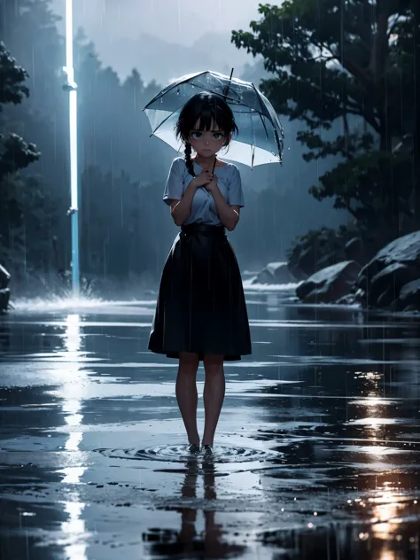 Garota Ranma Chan, com seus cabelos ruivos encharcados pela chuva, stands still under the dark and heavy sky. Cold drops mix wit...