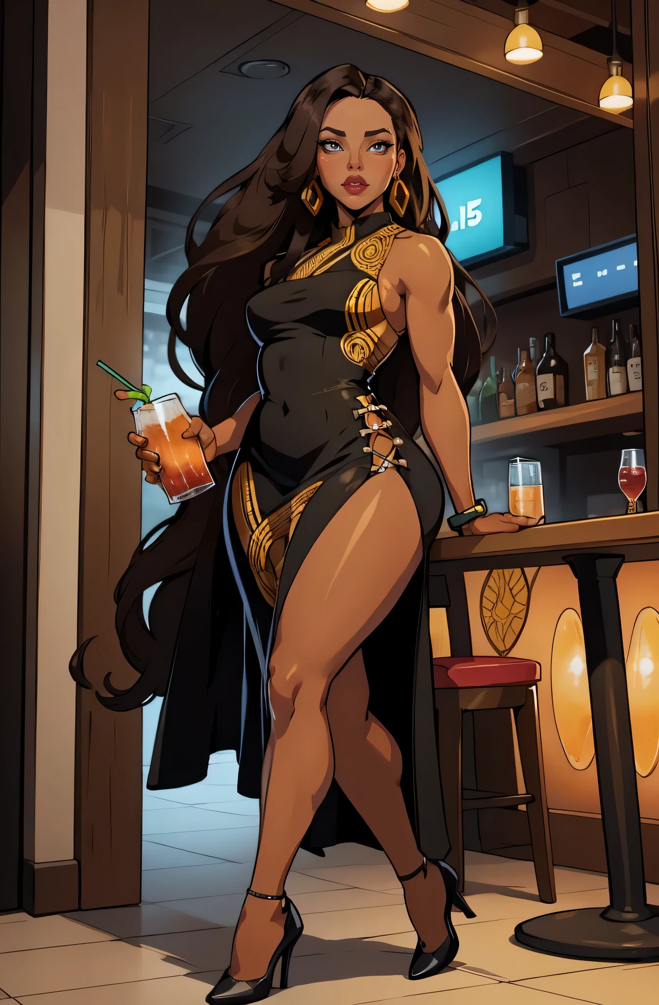 an einer Bar im Hintergrund, Cocktail trinken (eine 35-jährige Frau) braune Haut, Allein, 1 Mädchen, Porträt, afrikanische lange haare, Super detailliert, moderner Stil, direkter Blick, Ganzkörperansicht mit schwarzem Kleid