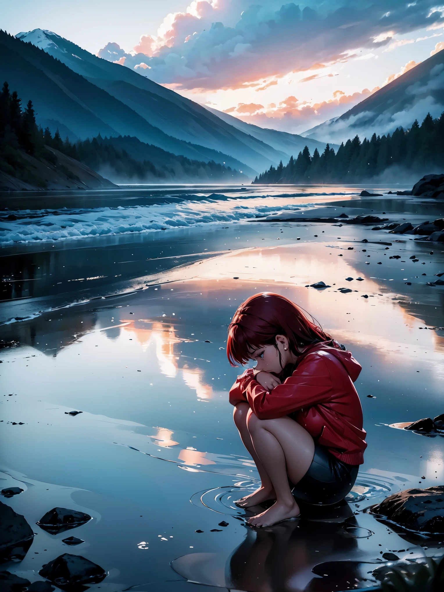 红发乱马陈女孩, 红红的头发被雨水浸湿, 静静地矗立在黑暗沉重的天空下. 冰冷的泪水和顺着脸颊流下的泪水混合在一起, 每一个都反映出你心中的悲伤. 她缩小了, 拥抱自己，试图让自己摆脱身体和情感上的寒冷.

雨水感觉就像是你自己痛苦的延伸, 不断地坠落, 仿佛天空也和你一样悲伤. 每一滴落在地上的水都回响着你的孤独, 当她站在那里时, 迷失在你黑暗的思绪中.

当她让自己屈服于吞噬她的痛苦时，雨滴落在沥青路面上的声音是她耳边唯一的音乐。.. 你的眼睛, 通常明亮且充满生机, 现在它们变得沉闷而充满悲伤, 反映了她努力遏制的内心风暴.

她不&#39;不知道要多久&#39;自从她开始哭泣以来, 但似乎永远. 每一秒都像是永恒的痛苦, 不断提醒你生活中所有的损失和失望. 但在雨的孤独中, 她任由情绪自由流淌, 让风暴带走你灵魂中的一些重量.

女孩陈乱马还留在那里,  并且脆弱, 让雨水洗去她的悲伤，因为她面对着即将吞噬她的悲伤. 即使雨终于停了, 只留下一滩水见证你的伤心, 她知道，在找到她渴望的平静之前，她还会面临许多风暴.