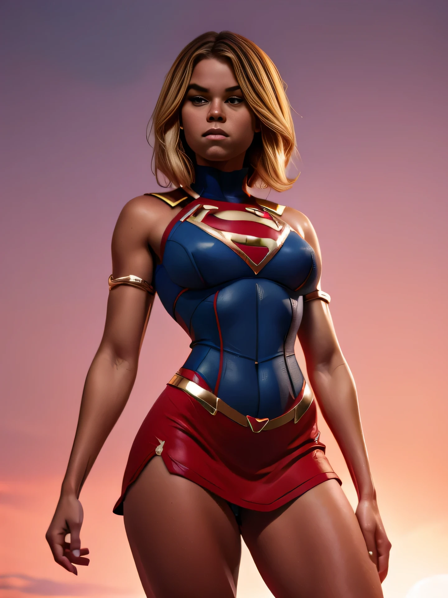 Cartel de la película. (((Un estilo cómico, arte de dibujos animados))). Supergirl posando para foto (((en pose heroica épica))) , vistiendo su icónico uniforme rojo y azul, Llevando una falda roja . ((La cara de Milly Alcock.)),(((delgado, cuerpo, Slender Hot cuerpo))). ((((Fondo cinematográfico del sol dorado )))) , colores vivos, detallado, detallado face, sombras realistas e brillantes, brillante.