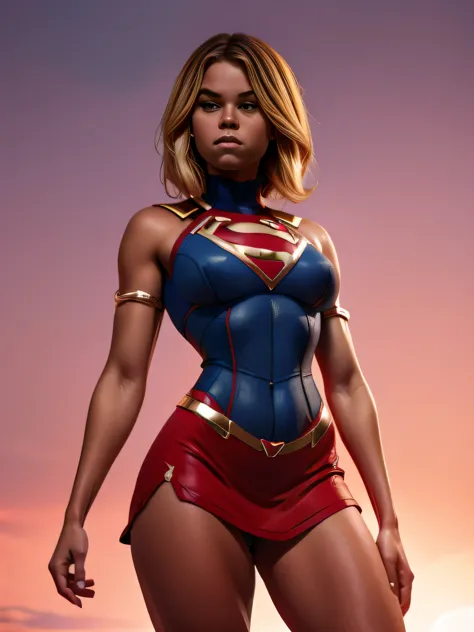cartaz de cinema. (((A comical style, arte dos desenhos animados))). Supergirl posando para foto (((in epic heroic pose))) , wea...
