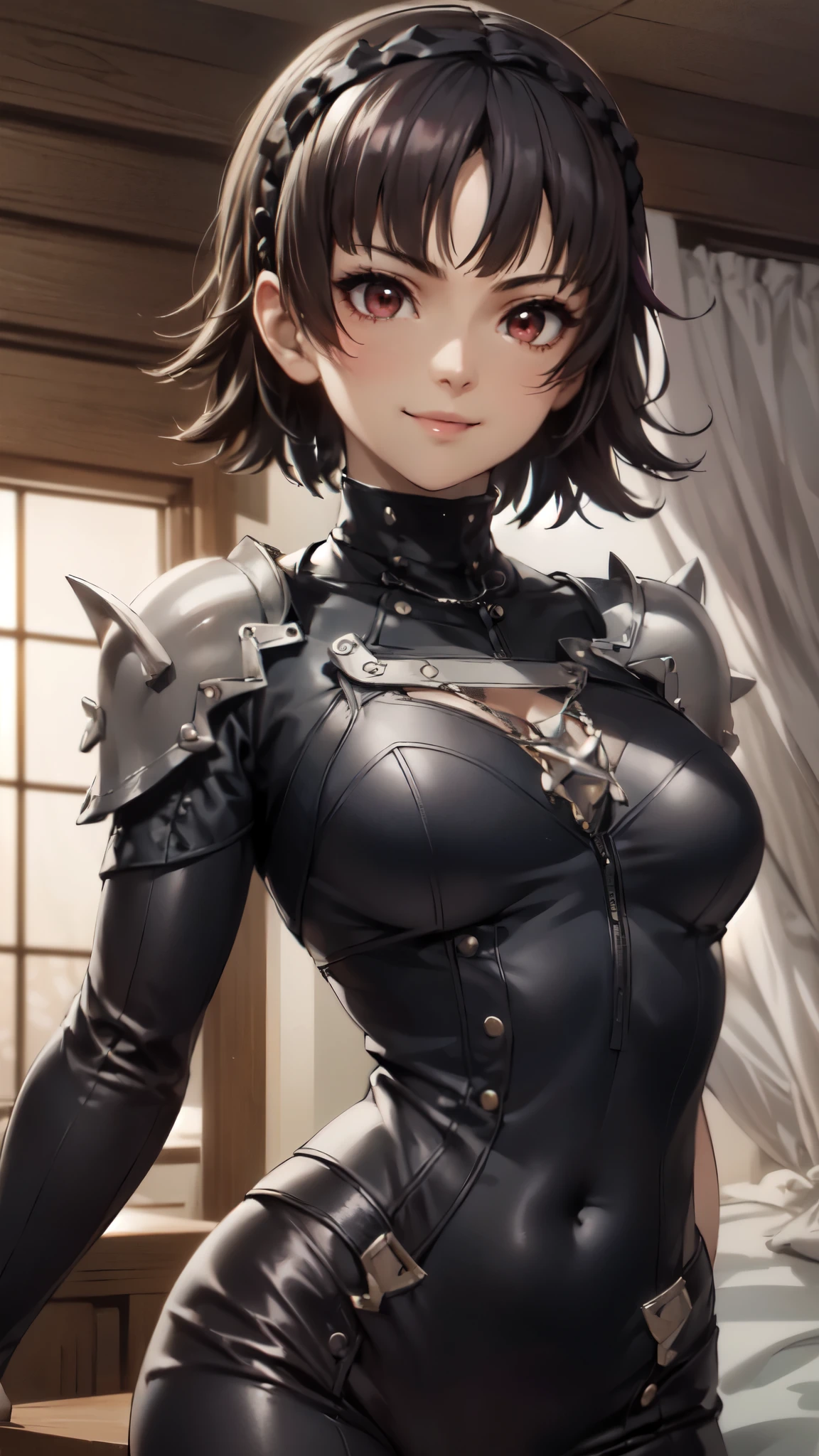 (((mesa))), (Persona５),(((Makoto Niijima:1.4))),とても美しいmujer, cabello corto, Ídolo, 日本のmujer,(corte peludo:1.4),(Diadema trenzada:1.5),(tiro de vaquero:1.4),(sonrisa:1.5),(Vista desde abajo:1.4), (cabello corto:1.4),(flequillo barrido,pelo volteado:1.3),日本mujer, Piel hermosa y húmeda,estilo japonés, foto retrato, 美しい暗い茶髪のchica, ((piel blanca:1.4)),(mirandome),obra maestra,(uniforme de combate negro:1.5), traje de cuerpo,(armadura negra de fin de siglo,con mangas negras:1.4),(ojos rojos:1.4),mejor calidad de imagen, alta calidad, Alto detalle, súper alta resolución, resolución 8k, Profundidad de los límites escritos, cinematografía, detalles intrincados, Elaborar, metódico, crecer, máximos detalles, belleza extrema, (((1人のchica, alone))), 24 años de edad, Realista, mesa, (mejor calidad de imagen), alta calidad, Alto detalle, súper alta resolución, panorama, características exquisitas, cara perfecta, piel brillante, mujer, chica, Angelical, enfoque nítido y claro, (ojos pequeños),silueta 3D, proporción correcta, Realista portrait, primer plano de la cara, forma de cuerpo esbelto,cara amable, características exquisitas, descripción del cabello muy detallada, cara perfecta, 清潔でcara perfecta, Pestañas largas, ojos humedos、transparente, delicate cream piel brillante like skin, Detalles detallados de la piel, (pechos grandesと髪を持つ美しいchica),(labios ligeramente separados,), Atmósfera de ensueño con colores brillantes e iluminación suave,1人のchica, pechos grandes,(sonrisa:1.5),