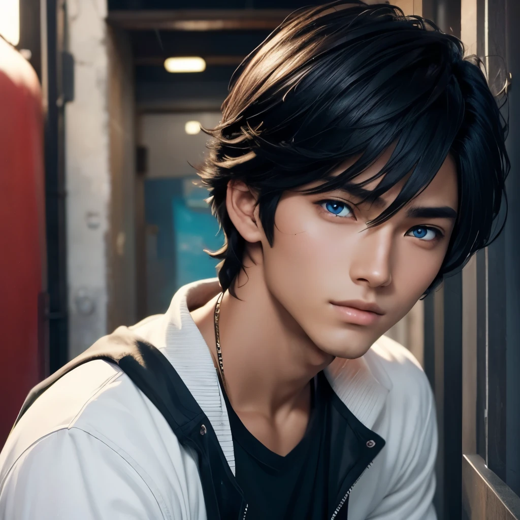 Génère une image d'un garçon d'anime beau de 15 ans, peau bronzée, cheveux noirs et yeux bleus