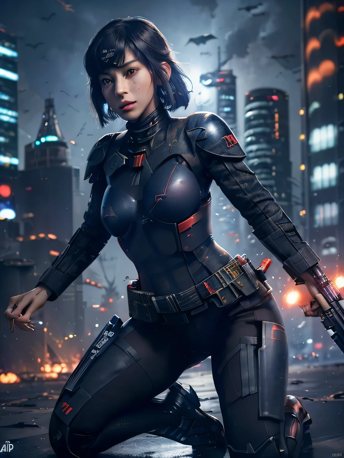 Highly detailed CG Unity 16k wallpaper, (RAW photo, cyber punk:1.3), SF, (realistic, highest quality, masterpiece:1.2), (correct anatomy:1.5), throw, (from before:1.4), (from the blow:1.1), dynamic angle, 1 girl, ((female soldier with mechanized body:1.4)), alone, ((full body shot:1.2)), black hair, short hair, pretty fine skin, tan, realistic and bright eyes, highly detailed nose and lips, Expressionless, ((Black and red body armor, (((Flight, Can store one large blaster rifle:1.3))), thin, Medium chest, (((outdoor, daytime, Future City, battlefield, gun fight:1.5))), cinematic lighting, professional photos, Depth of written boundary, sharp focus, highest resolution, ultra high resolution、ghost in the shell、cyber punkな夜景、dynamic pose、beautiful asian face