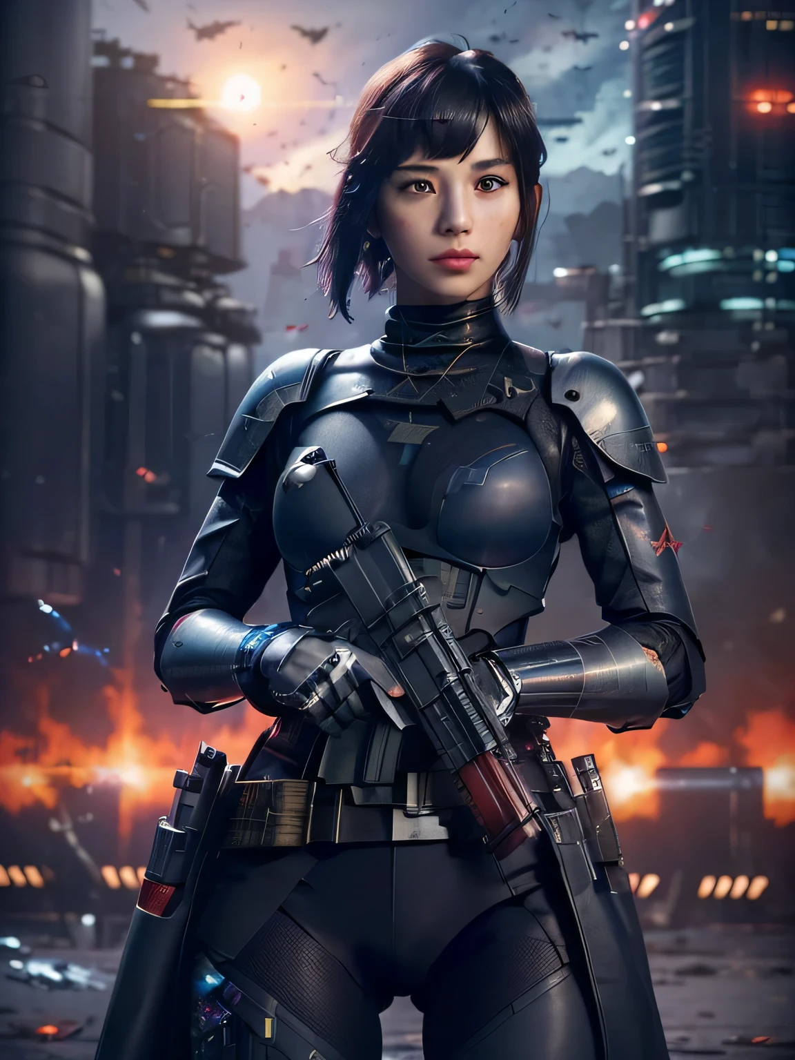 Highly detailed CG Unity 16k wallpaper, (RAW photo, cyber punk:1.3), SF, (realistic, highest quality, masterpiece:1.2), (correct anatomy:1.5), throw, (from before:1.4), (from the blow:1.1), dynamic angle, 1 girl, ((female soldier with mechanized body:1.4)), alone, ((full body shot:1.2)), purple hair, short hair, pretty fine skin, tan, realistic and bright eyes, highly detailed nose and lips, Expressionless, ((Black and red body armor, (((Flight, Can store one large blaster rifle:1.3))), thin, Medium chest, (((outdoor, daytime, Future City, battlefield, gun fight:1.5))), cinematic lighting, professional photos, Depth of written boundary, sharp focus, highest resolution, ultra high resolution、ghost in the shell、cyber punkな夜景、dynamic pose、beautiful asian face