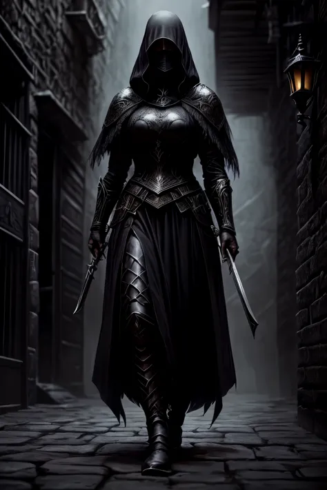 a group assassin of women in armor walking through a dark alley, with a big wild cats, society contest winner, fantasy art, dark...