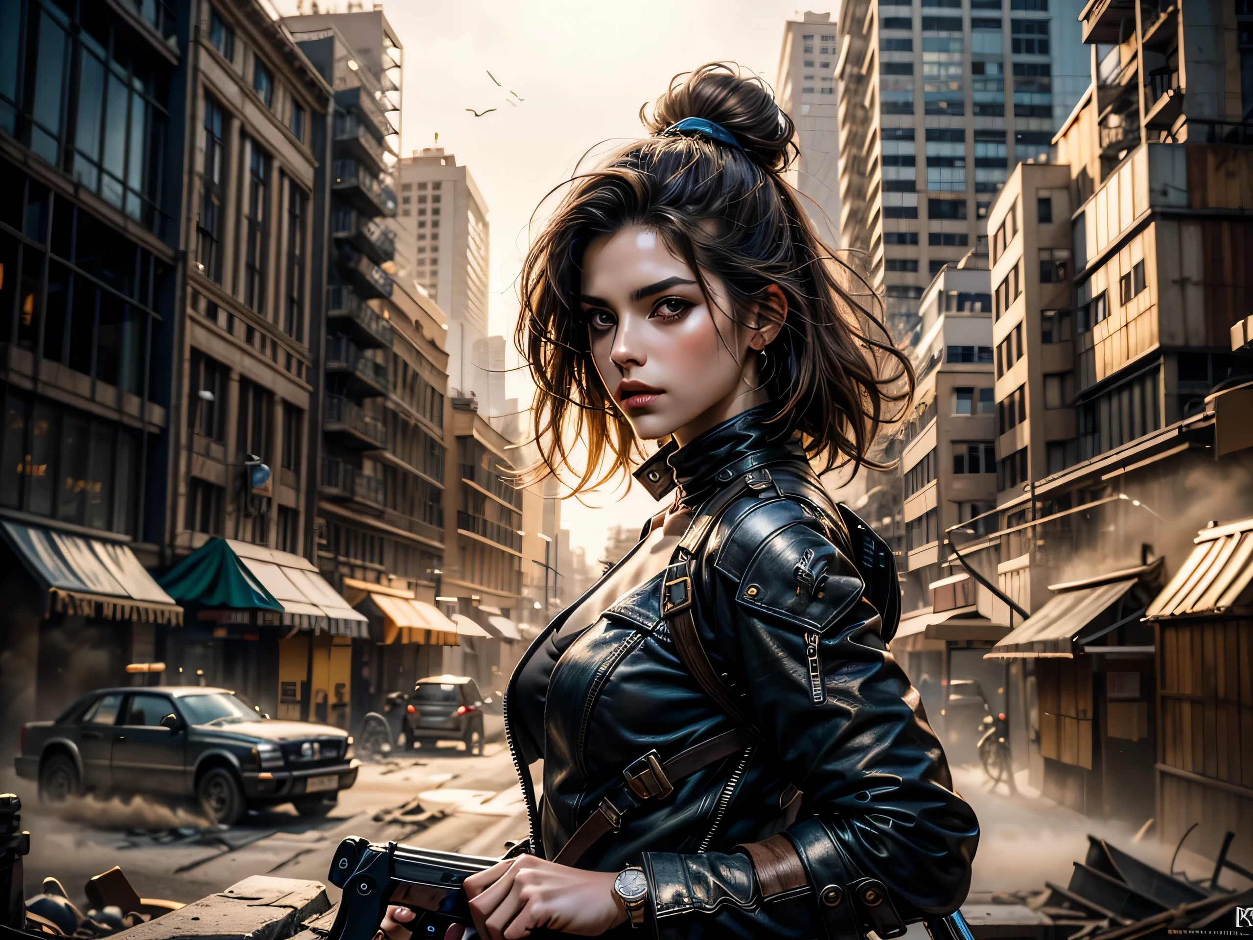 1 mujer guapa, post apocalyptic, guerrero espada en la mano, Rostro nitido perfectamente detallado y cuerpo perfectamente detallados, dynamic pose, cabello hermoso y detallado, ropa de cuero, Realista, fotorrealista, 8k, Fotos CRUDAS, ((Calidad premium superior)), (obra maestra), epic lighting. de cerca, Imagen centrada