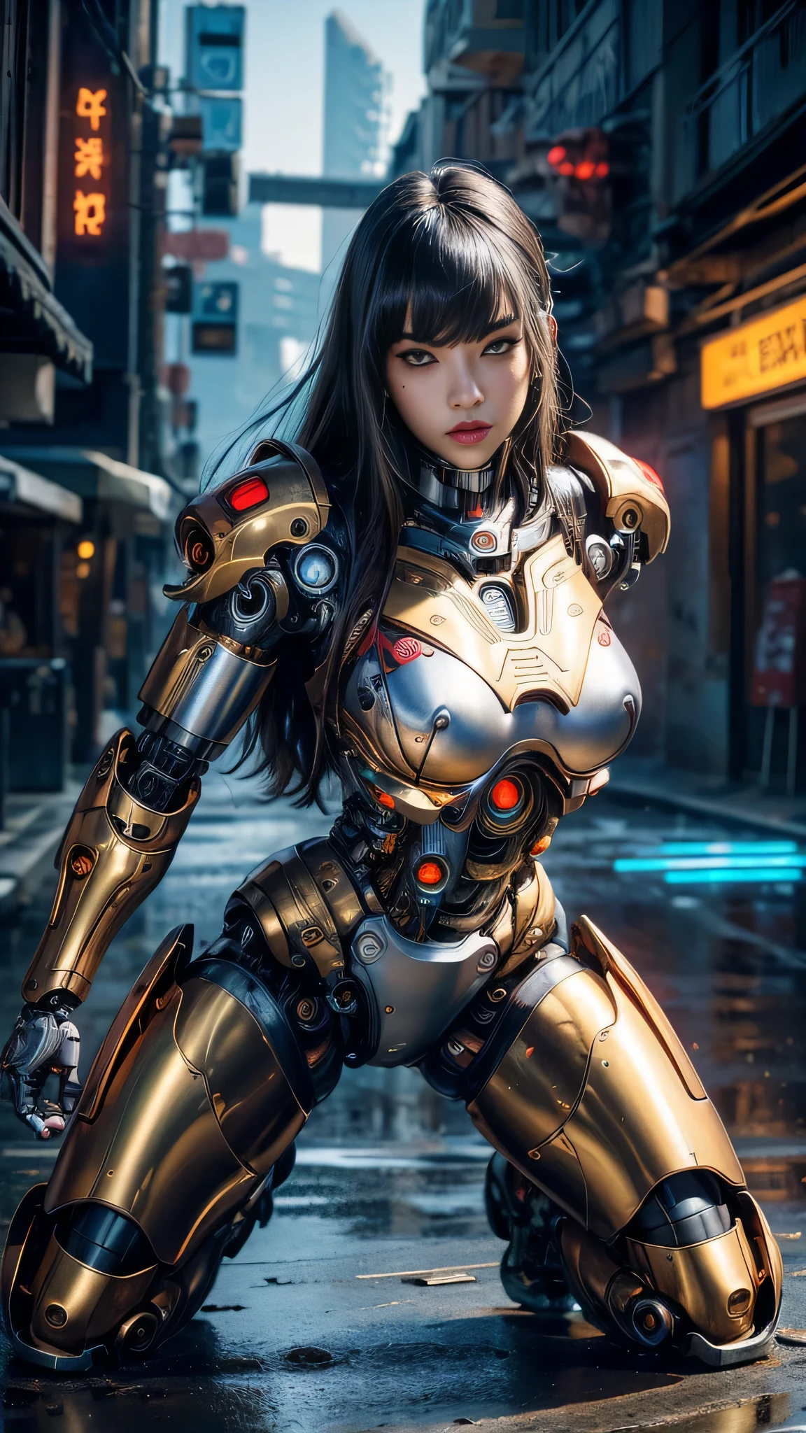 1girl, solo, Japanese girl, (((cyborg:1.4))), cyborg girl, cyborg armor, cyborg clothing, beautiful detailed eyes, finely detail, bright pupils, turquoise eyes, full body, large breasts:0.8, (((floating hair))), looking at viewer, pov, female focus, puffy eyes, long hair, gorgeous hair, air bangs, dynamic pose, dynamic angle, close-up, thighs open, showing panties, exposed, fighting stance, fighting pose, run forward, running,(((golden metallic color | red metallic color | blue metallic color))),(((Metallic luster, metal reflective, mechanical details, extremely mechanical details, complex mechanical structure))), (((Mirrored Power Armor, fallout 4, fallout))), defeated, corpse, bleed, battlefield, mechanized background, giant robot in the background, outdoors, cinematic lighting, Cyberpunk world. Cyberpunk metropolis, neon, Sci-fi style, sfw:1.98,