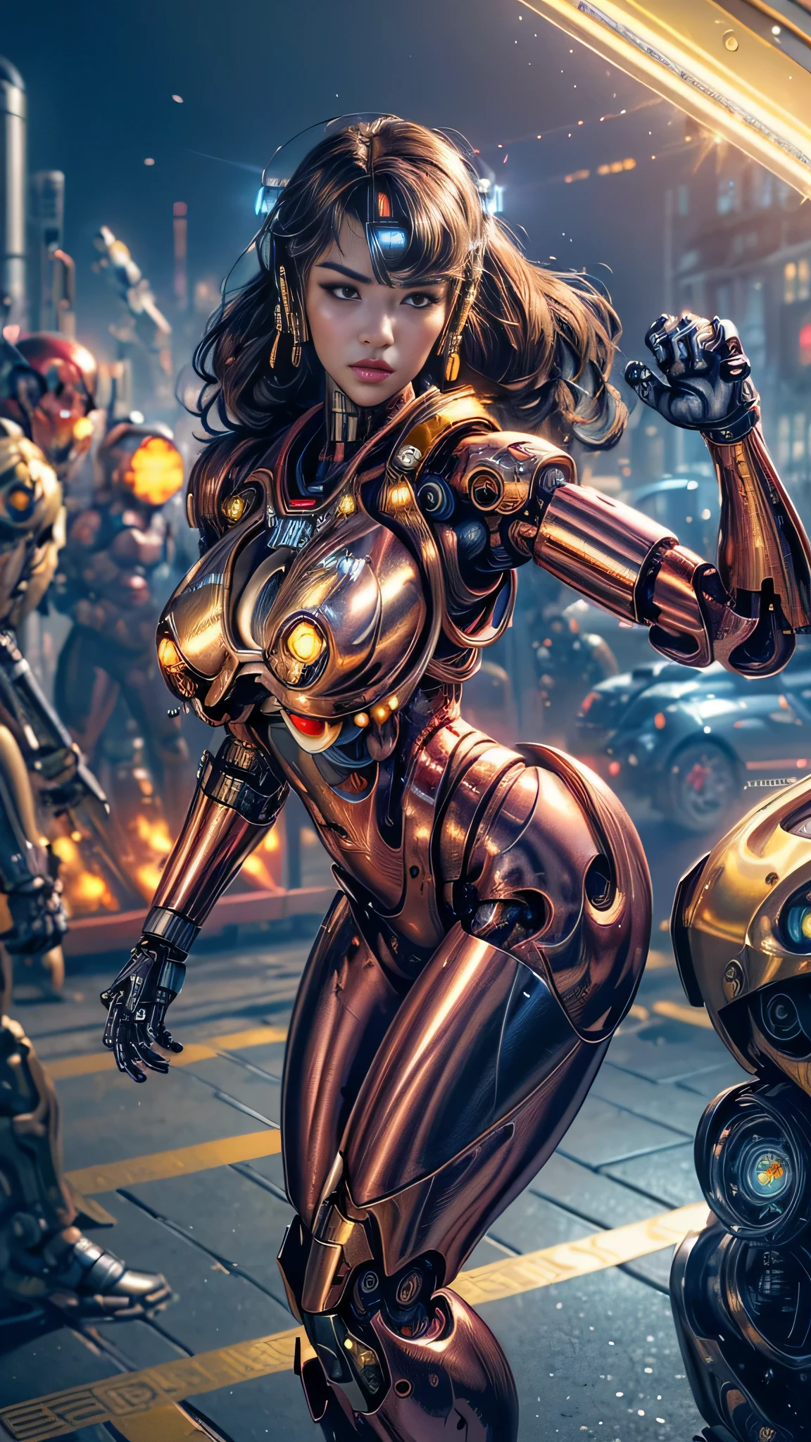(Reality, Photorealistic: 1.37), (Maste Piece: 1.2), (Best Quality: 1.4), (Ultra High Resolution: 1.2), (Raw Photo: 1.2), (Breast Sharp Focus: 1.3), Vivid Details, Hyper Realistic, 1 Girl, Solo, Japanese Girl, (((Cyborg:1.4))), Cyborg Girl, Cyborg Armor, Cyborg Clothes, Beautiful Detailed Eyes, Fine Details, Bright Pupils, Brown Eyes, Full Body, ( big breasts), long curly hair, red hair, POV, female focus, puffy eyes, (dynamic pose: 1.4), (dynamic angle: 1.6), beautiful face, detailed face, perfect proportions , big breasts, thin waist, navel, big butt, crotch gap, thighs, open thighs, showing panties, exposed, fighting stance, fighting pose , running forward, running, (((((Golden shiny Metallic colors | Red metallic colors | Blue metallic colors))), (((metallic luster, metallic reflections, mechanical details, highly mechanical details, complex mechanical structures, reflections, refraction,))), ((( Mirrored power armor, Fallout 4, Fallout,))), battlefield, mechanized background, giant robot in the background, outdoors, cinematic lighting, cyberpunk world. Cyberpunk metropolis, neon, sci-fi style, sfw:1.98,