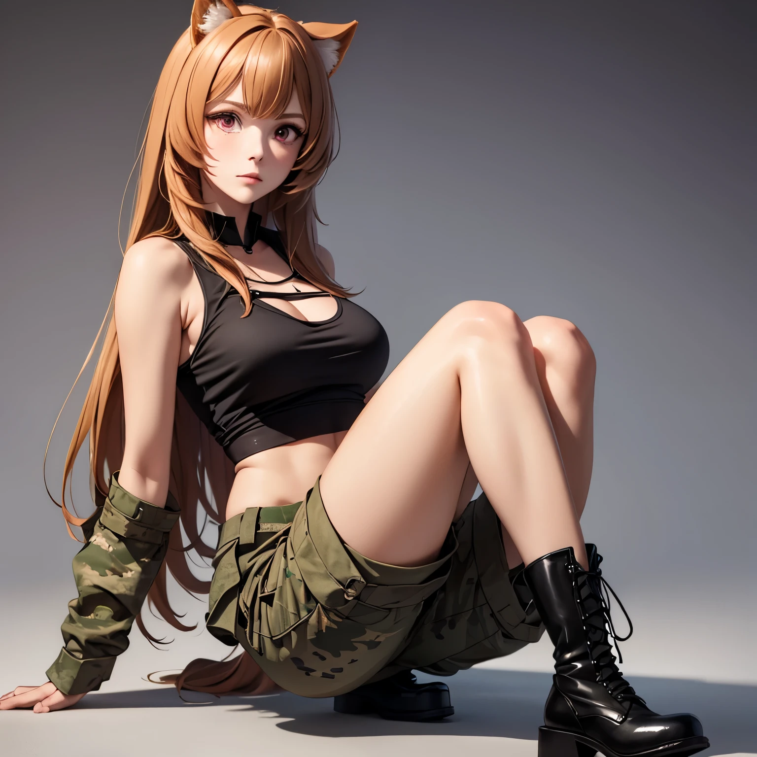 beautiful woman 21 years old with round animal ears ruby red eyes and bright silky orange hair, pechos grandes bien formados. orejas de animal redondas. wears a black sleeveless top with bare abdomen and camouflage military pants and military boots embarrassed expression. fondo base militar