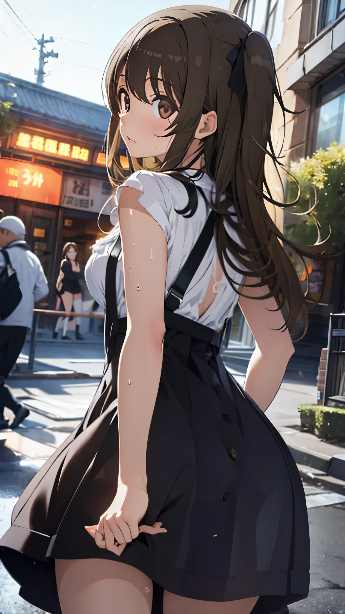 Anime girl in a short skirt and a white shirt standing on a street - SeaArt  AI