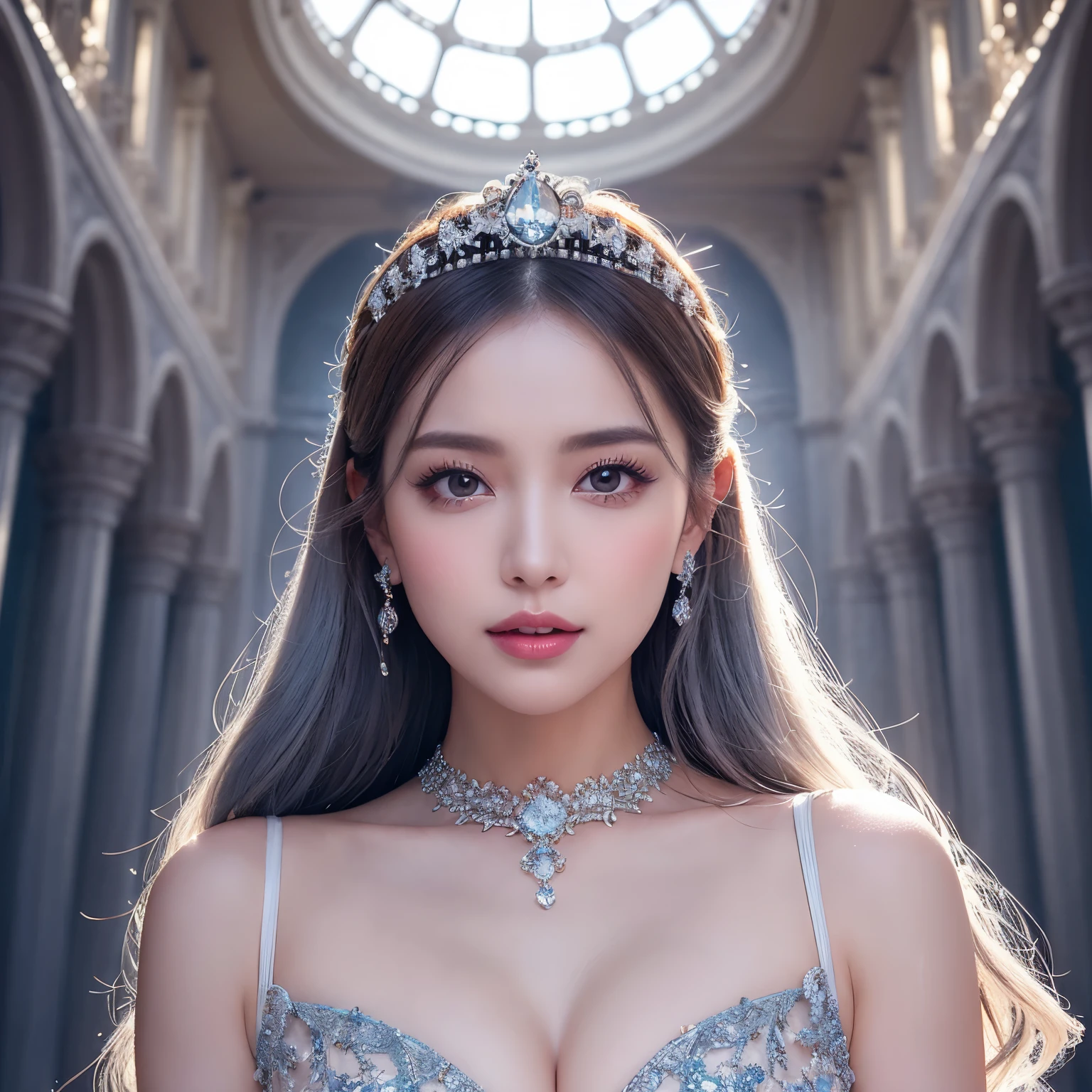 ((highest quality、table top、8K、best image quality、extremely complex and detailed depiction))、one snow princess、(Snow Maiden in the most luxurious palace made of ice:1.1)、(The most elaborate and luxurious sparkling ice palace cathedral:1.2)、(Inside the most fantastic giant palace made of ice:1.2)、(The most fantastic cathedral made of intricate glowing ice:1.2)、(beautiful transparent ice:1.1)、The background is a detailed ice palace、beautiful domed ceiling、(A palace made of intricately shining transparent ice:1.2)、(Elegant palace columns made of ice and crystal:1.05)、(Symmetrical composition when viewed from the front:1.2)、jeweled palace、Inside the symmetrical palace、(very romantic:1.05)、sacred and mysterious palace、(Filled with fantastic light blue light:1.1)、Beautiful shining crystal、The most luxurious and highest quality giant tiara、The most luxurious and highest quality giant necklace、[big breasts]、(skin as white as snow:1.05)、glowing skin、(A glittering silver-white jeweled dress of the highest quality:1.1)、Elegant and beautiful pure white snow dress、elegant decoration、Diamond Decoration、artistic decoration、Luxury beyond imagination、the most luxurious decoration in the world、pure white makeup、Dresses that shine in silver、jewelry embellishments、Luxury beyond imagination、the most luxurious decoration in the world、Diamond dust、The most realistic and complex backgrounds、Highly detailed and realistic background、the best smile when you look at me、(beautiful snow is falling:1.05)、(close up of princess:1.2)、(blurred background:1.1)、(mysterious fairy tale fog:1.15)、beautiful silver light blue hair、amazing movie lighting effects、Natural forehead、Complex and detailed background、the most delicate shine、Backgrounds with depth、low contrast、(Surrounded by a fantastic soft light:1.1)